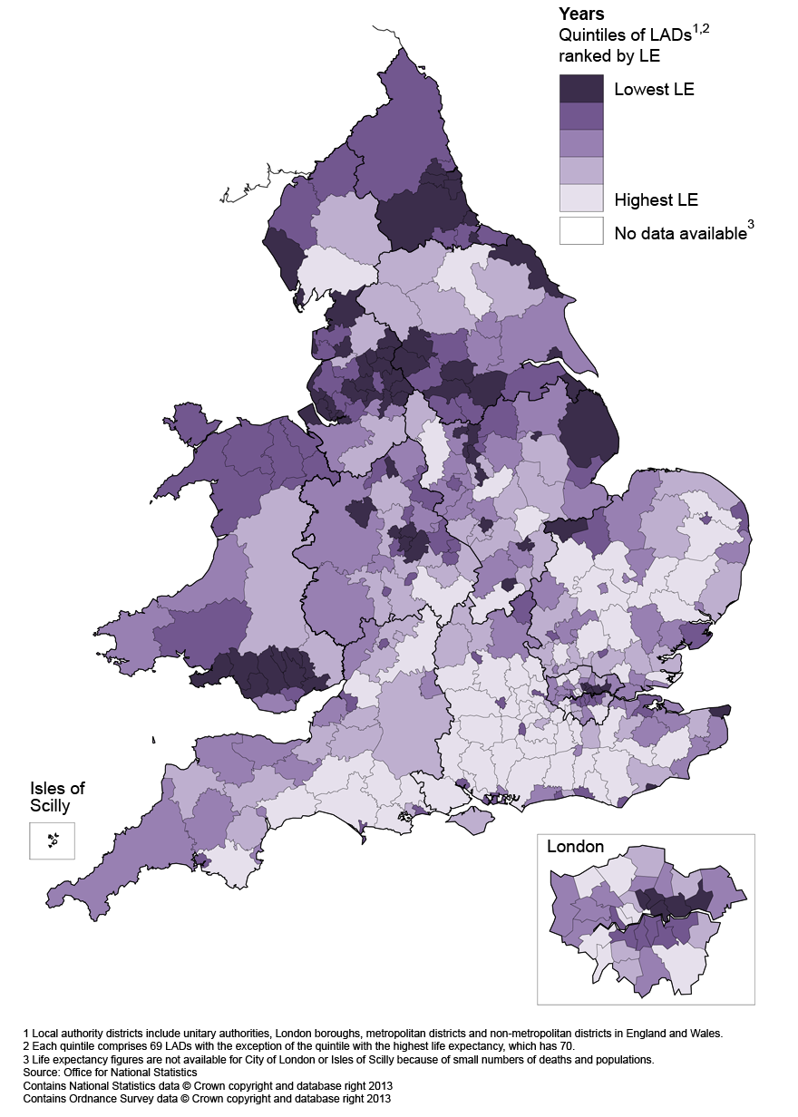 Map 1: Life expectancy (LE) for males at birth by local authority district in England and Wales, 2010–12