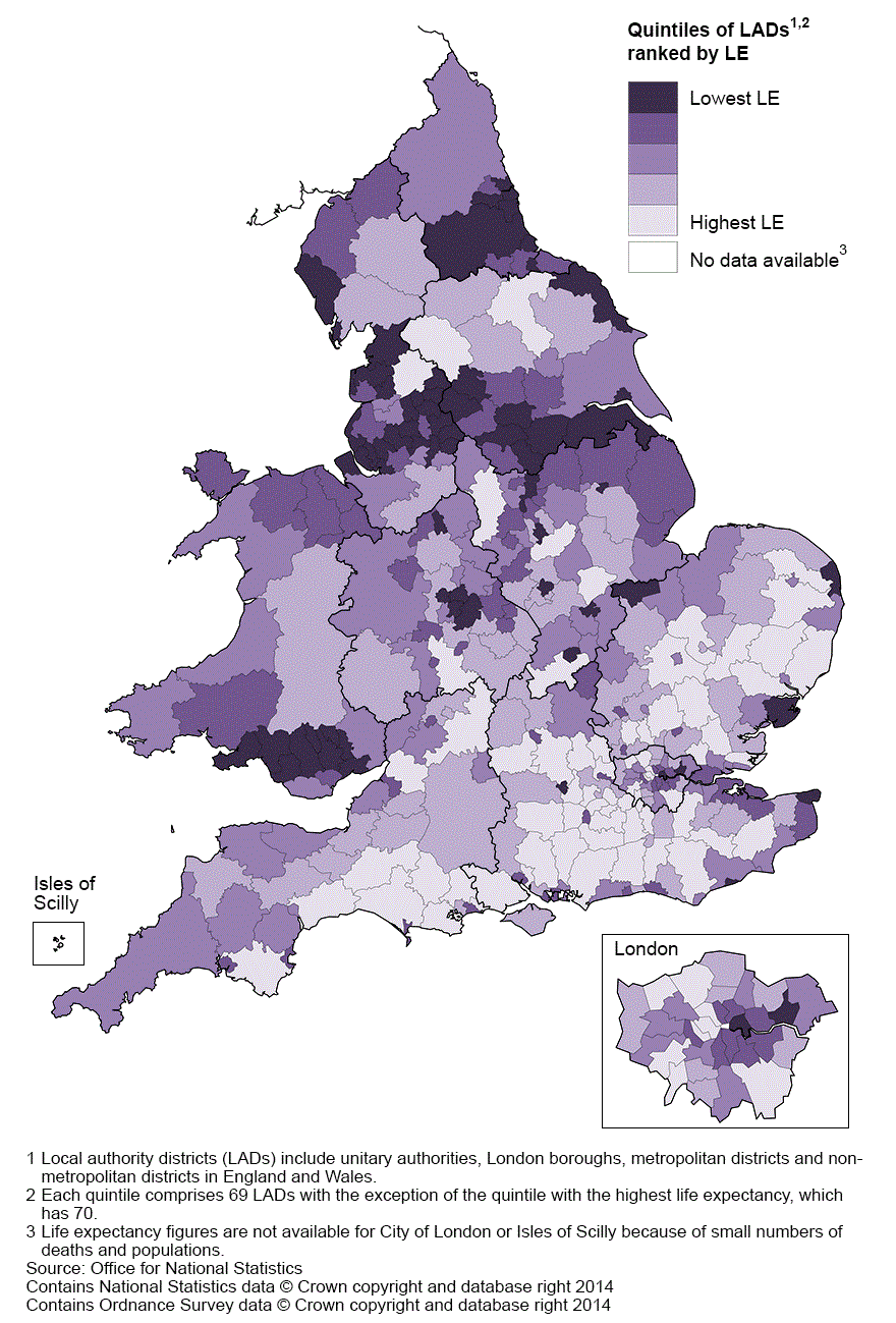 Map 1: Life expectancy (LE) for males at birth by local authority district, England and Wales, 2011–13