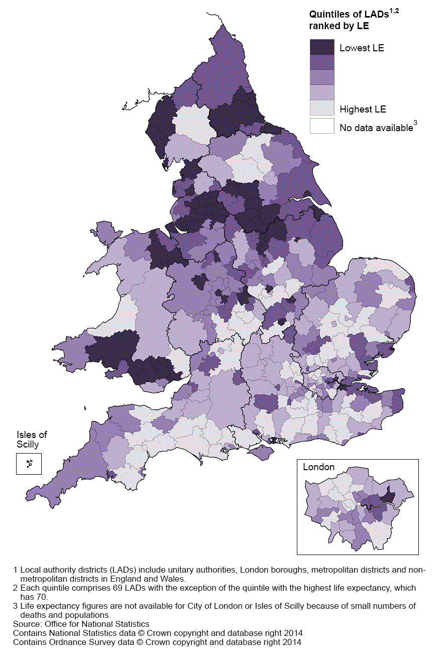 Map 4: Life expectancy (LE) for females at age 65 by local authority district, England and Wales, 2011–13