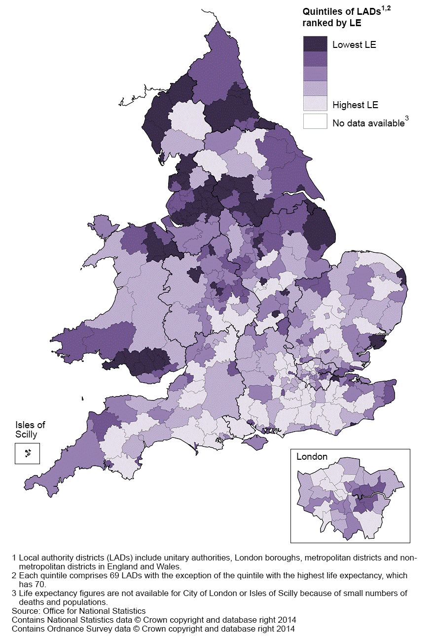 Map 2: Life expectancy (LE) for females at birth by local authority district, England and Wales, 2011–13