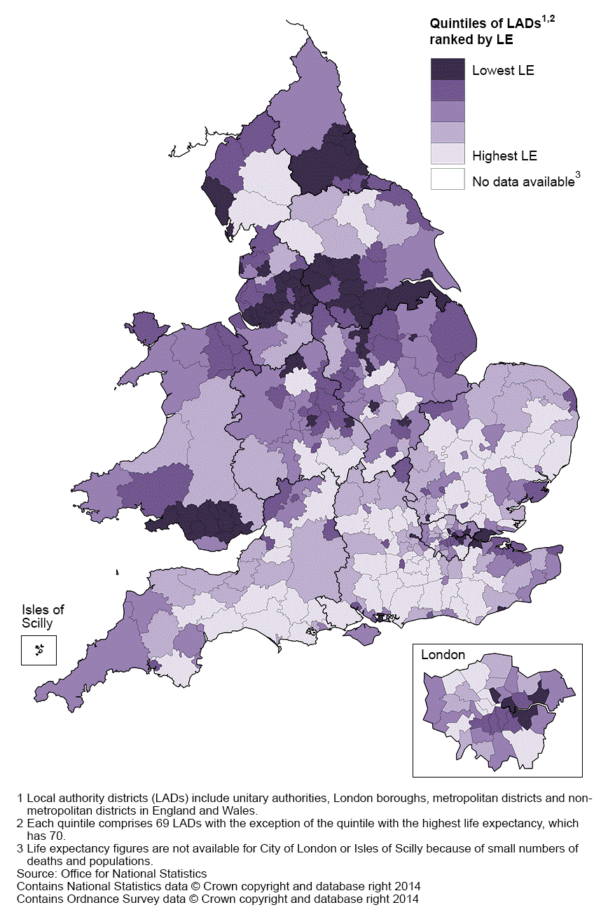 Map 3: Life expectancy (LE) for males at age 65 by local authority district, England and Wales, 2011–13