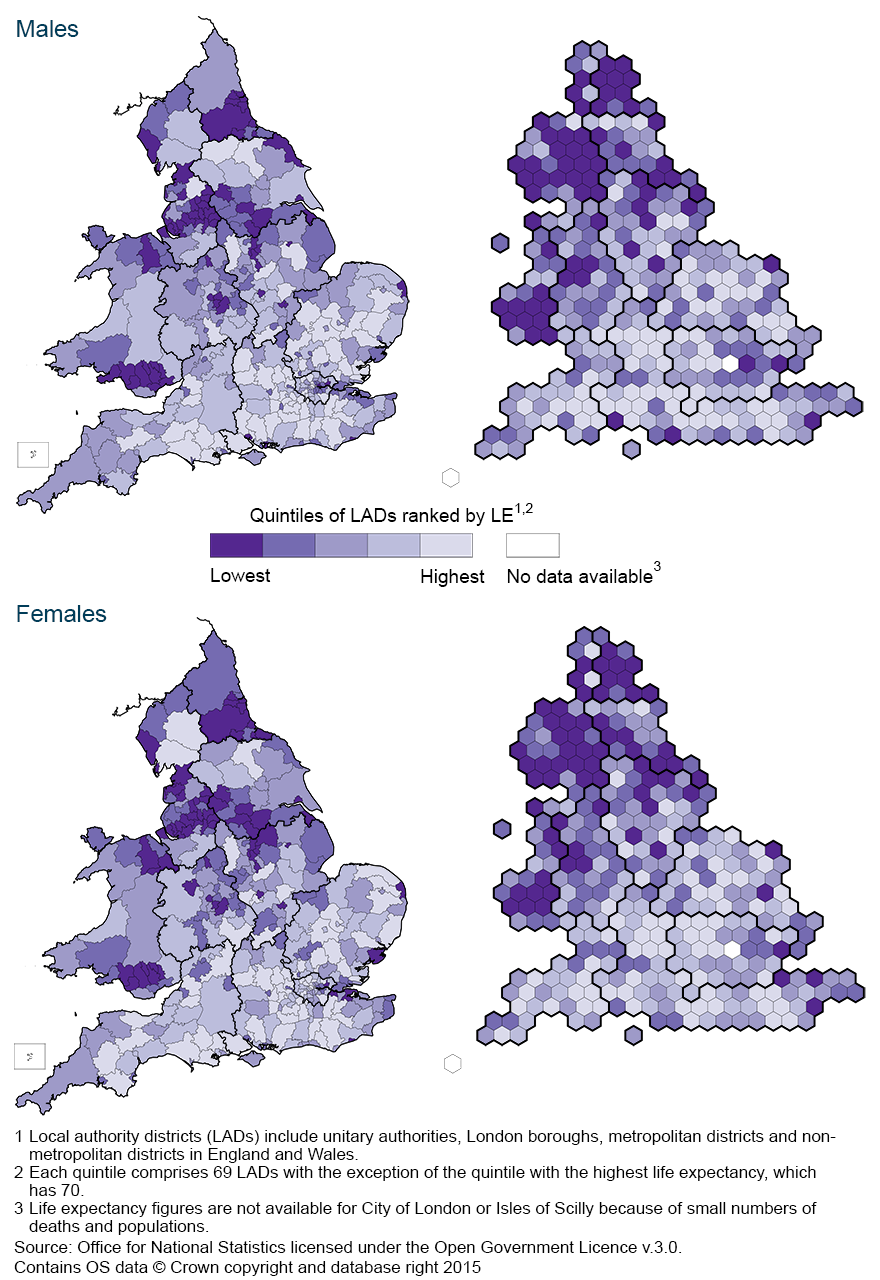 Map 1: Life expectancy at birth by sex and local authority district