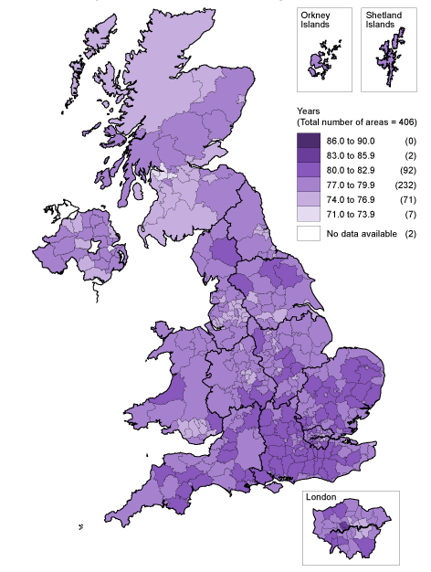 Map 1. Male life expectancy at birth (years): by local areas in the United Kingdom, 2008-10