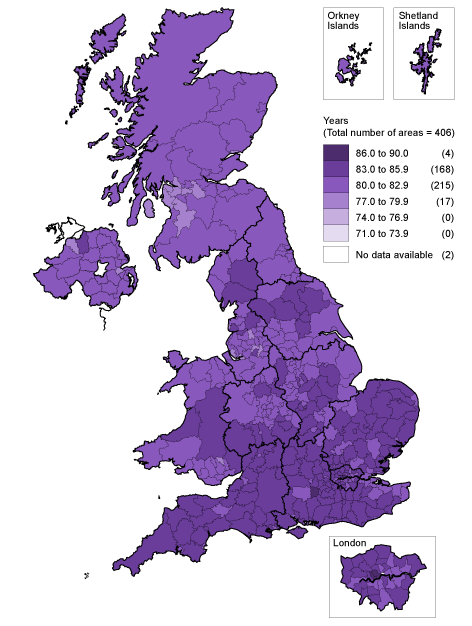 Map 2. Female life expectancy at birth (years): by local areas in the United Kingdom, 2008-10
