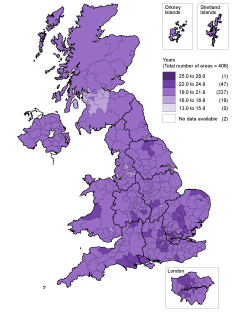 Map 4. Female life expectancy at age 65 (years): by local areas in the United Kingdom, 2008-10