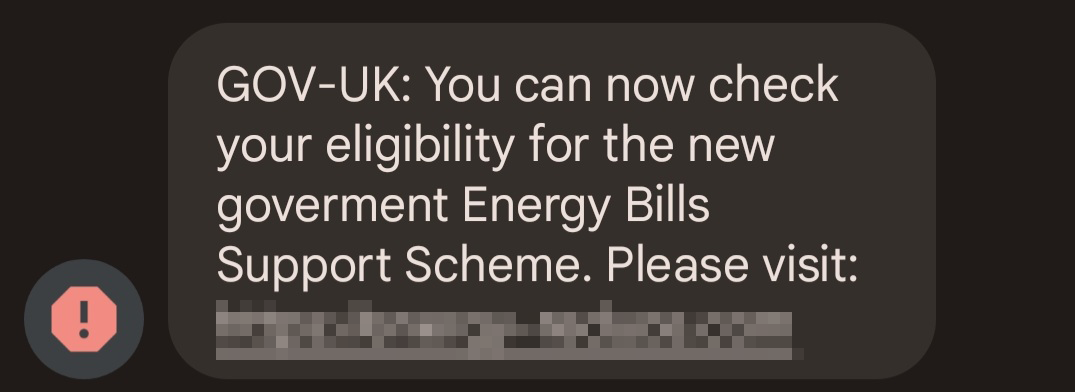 Screenshot of phishing message offering to check eligibility for the government  Energy Bills Support Scheme