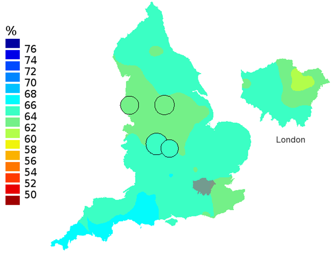 Figure 1c: Smoothed maps of the one-year survival index (%) for all cancers combined in 211 Clinical Commissioning Groups: England, 2006, patients ages 15-99 years