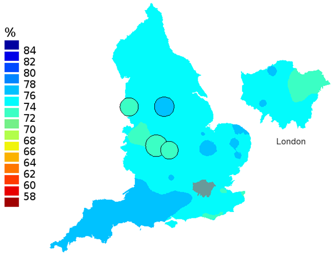 Figure 2c: Smoothed maps of the one-year survival index (%) for all cancers combined in 211 Clinical Commissioning Groups: England, 2006, patients ages 55-64 years