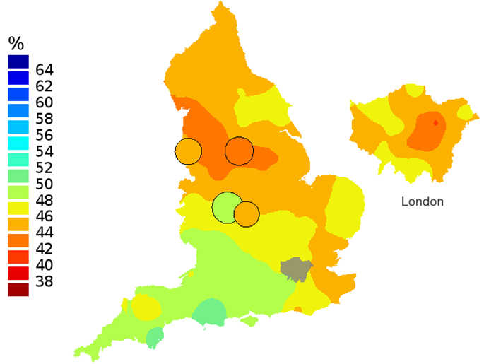 Figure 3a: Smoothed maps of the one-year survival index (%) for all cancers combined in 211 Clinical Commissioning Groups: England, 1996, patients ages 75-99 years