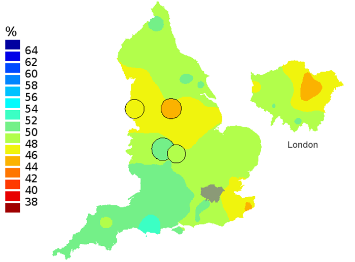 Figure 3b: Smoothed maps of the one-year survival index (%) for all cancers combined in 211 Clinical Commissioning Groups: England, 2001, patients ages 75-99 years