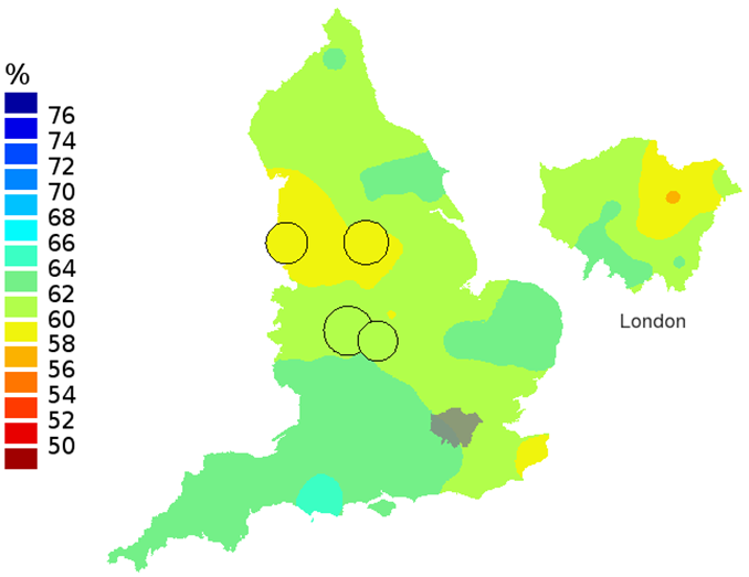 Figure 1b: Smoothed maps of the one-year survival index (%) for all cancers combined in 211 Clinical Commissioning Groups: England, 2001, patients ages 15-99 years