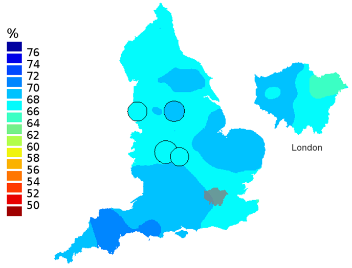 Figure 1d: Smoothed maps of the one-year survival index (%) for all cancers combined in 211 Clinical Commissioning Groups: England, 2011, patients ages 15-99 years