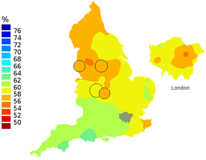 Figure 1a: Smoothed maps of the one-year survival index (%) for all cancers combined in 211 Clinical Commissioning Groups: England, 1996, patients ages 15-99 years