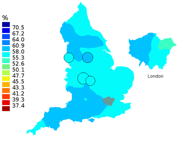 Figure 3D: Smoothed maps of the one-year survival index (%) for all cancers combined in 211 Clinical Commissioning Groups: England, 2012, patients aged 75-99 years
