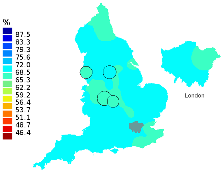 Figure 1D: Smoothed maps of the one-year survival index (%) for all cancers combined in 211 Clinical Commissioning Groups: England, 2012, adults aged 15-99 years