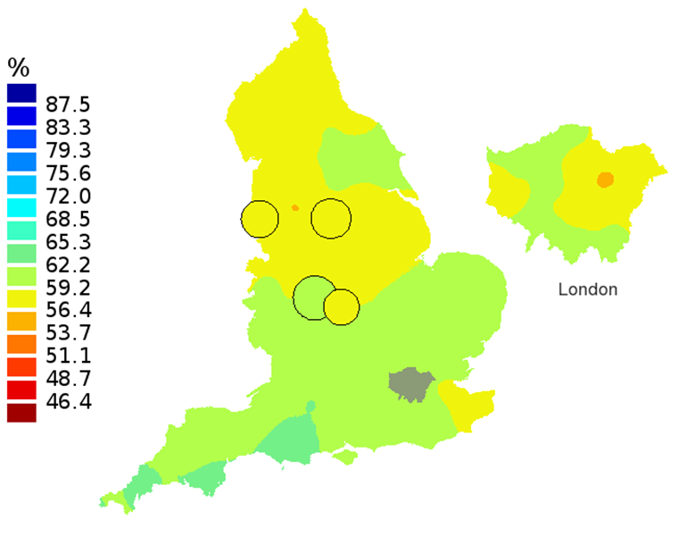 Figure 1A: Smoothed maps of the one-year survival index (%) for all cancers combined in 211 Clinical Commissioning Groups: England, 1997, adults aged 15-99 years