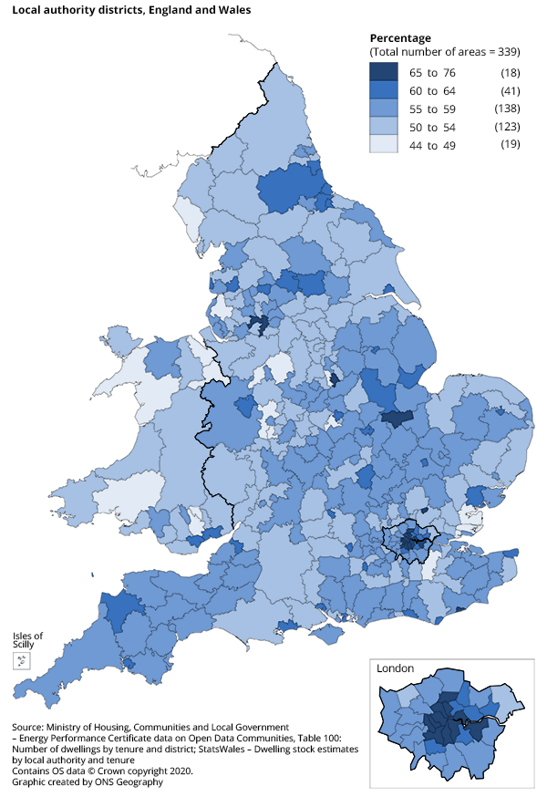 A map showing the percentage of dwellings with EPCs for local authorities in England and Wales, with most having more than half