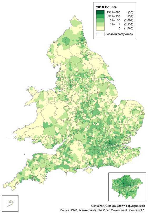 Number of property adverts in neighbourhoods in 2010 was generally lower than in later years.