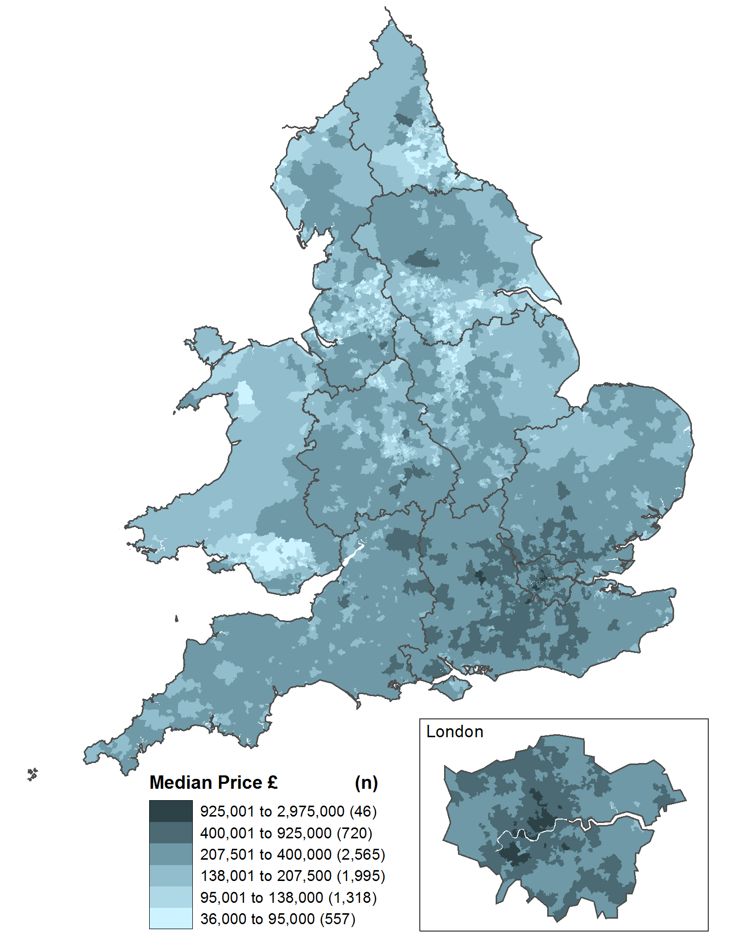 Around 1 in 10 MSOAs had a median price paid of £400,000 or more and these are concentrated in London, the South East and East of England