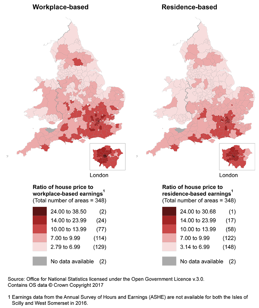 Surrounding areas of London are less affordable on the workplace earnings basis.