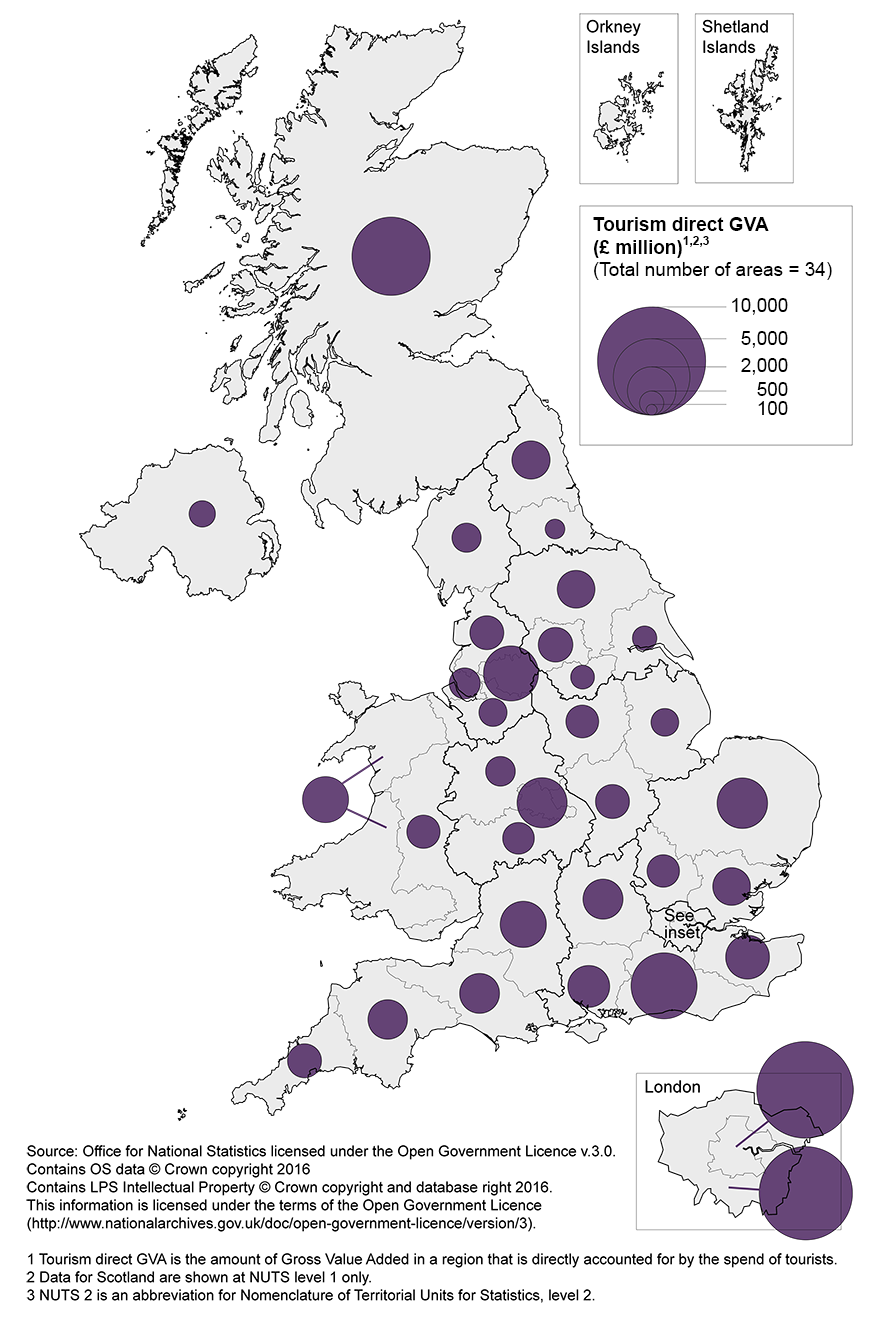 The areas with the highest tourism direct gross value added in the UK were Inner and Outer London and Scotland in 2013.
