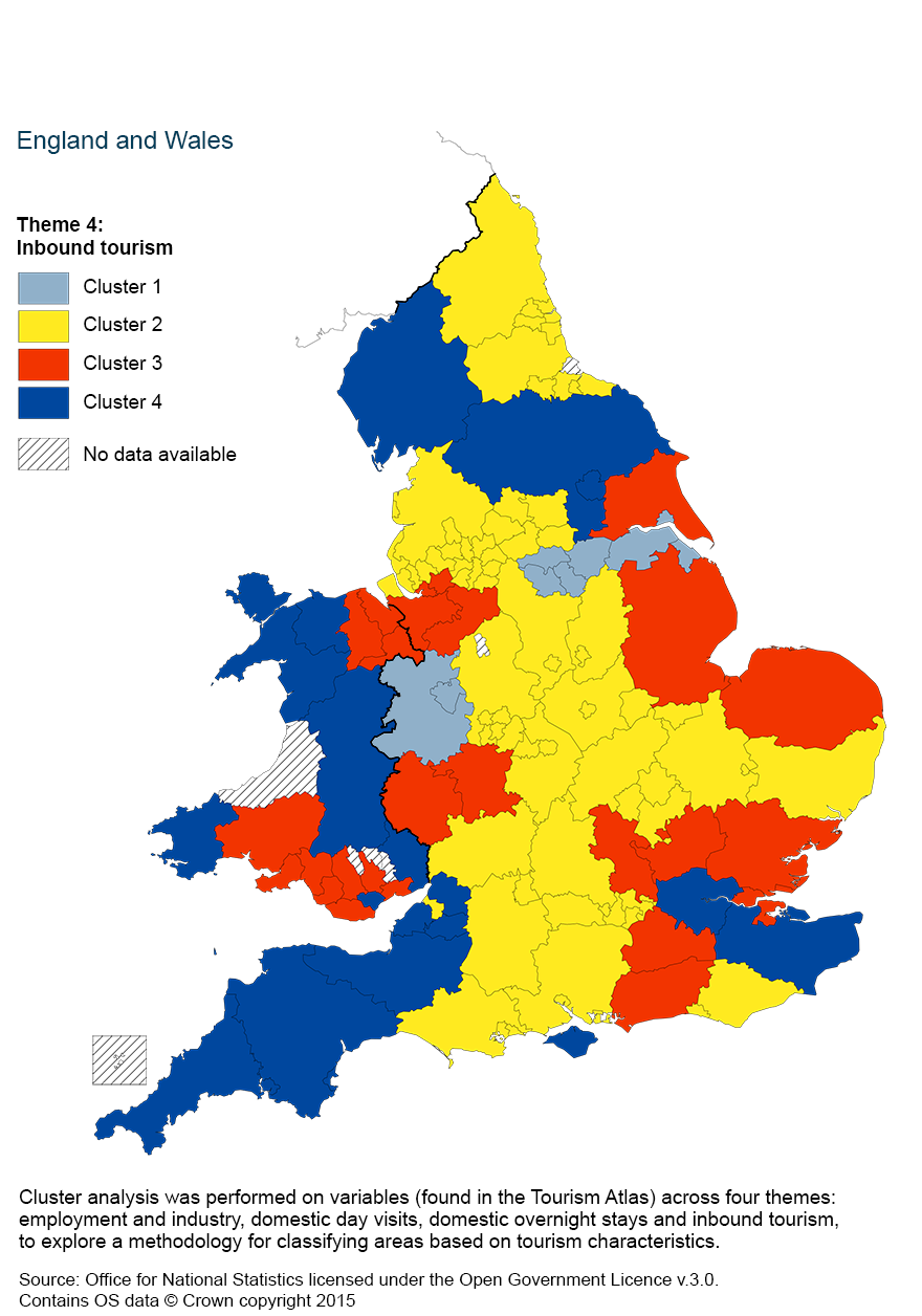 Map 5: Cluster analysis of inbound tourism, using a four cluster classification by county and unitary authority, 2011 to 2013