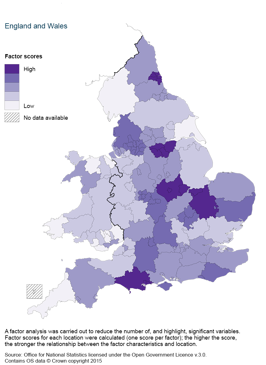 Map 7: Factor score of factor two by county and unitary authority, 2011 to 2013
