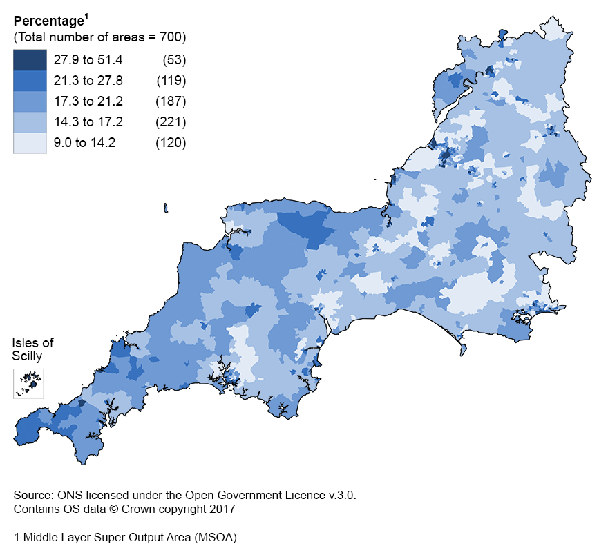 The South West contains MSOAs with the least variable percentage of households in poverty after housing costs