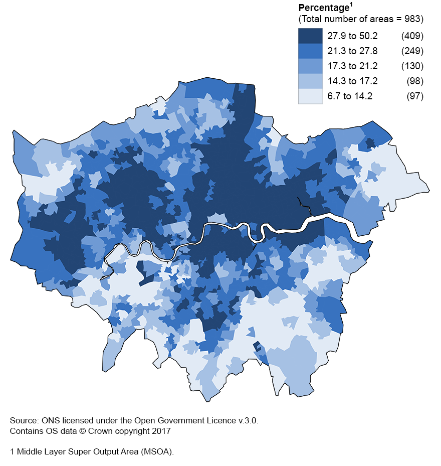 London contains MSOAs with the most variable percentage of households in poverty after housing costs