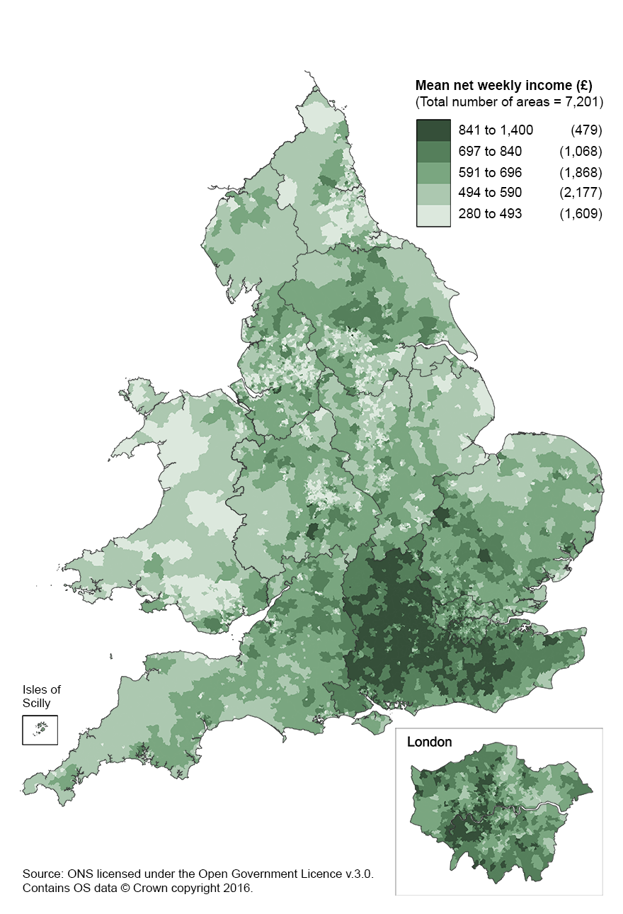 Net weekly income (unequivalised) was highest in  and around the South East and London.