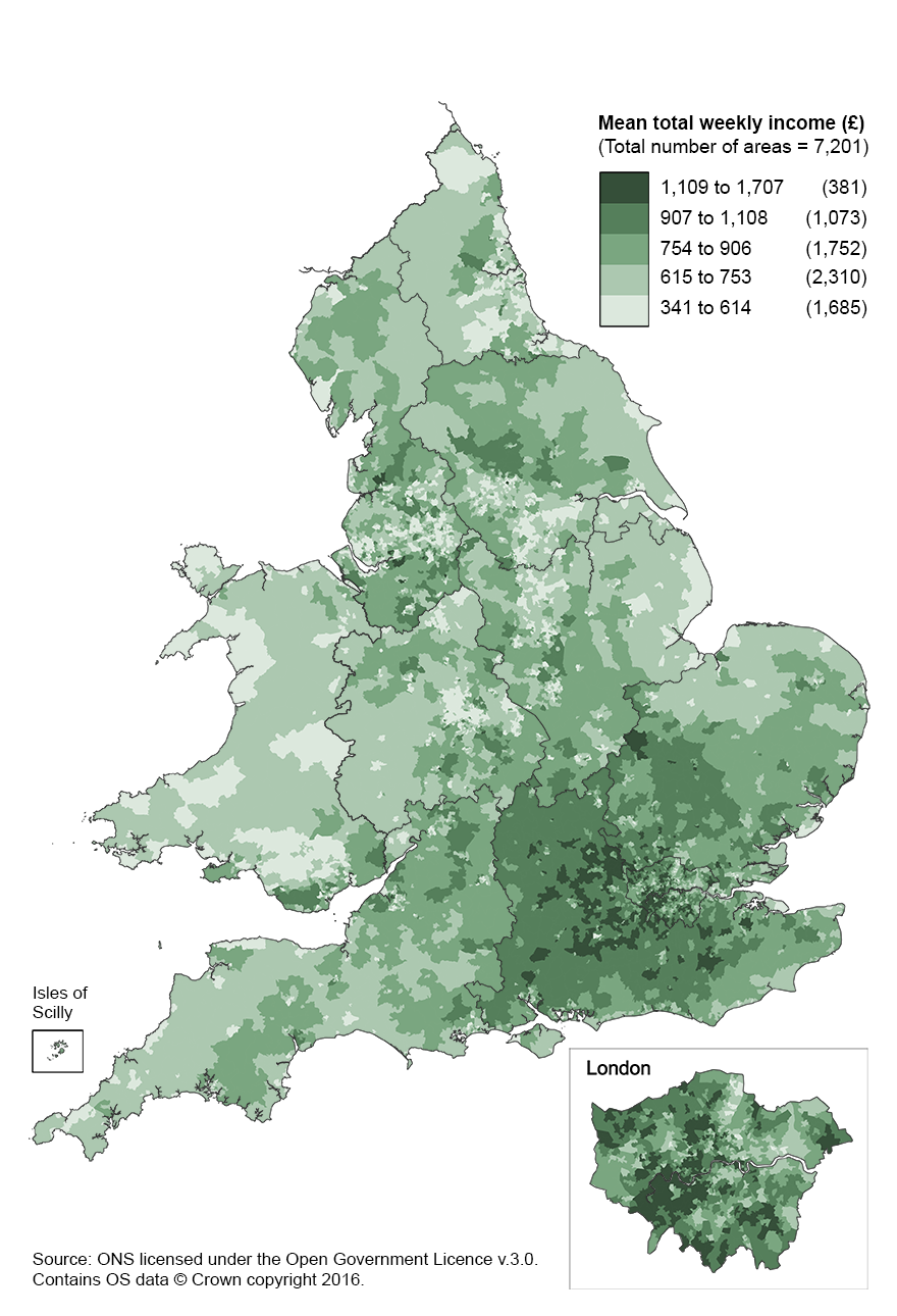 Parts of the South East had particularly high income relative to those in bordering regions.