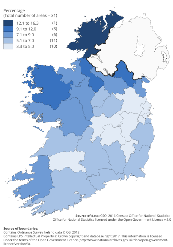The majority of residents living in Northern Ireland who were born in Ireland live in the Southern and western areas of Northern Ireland