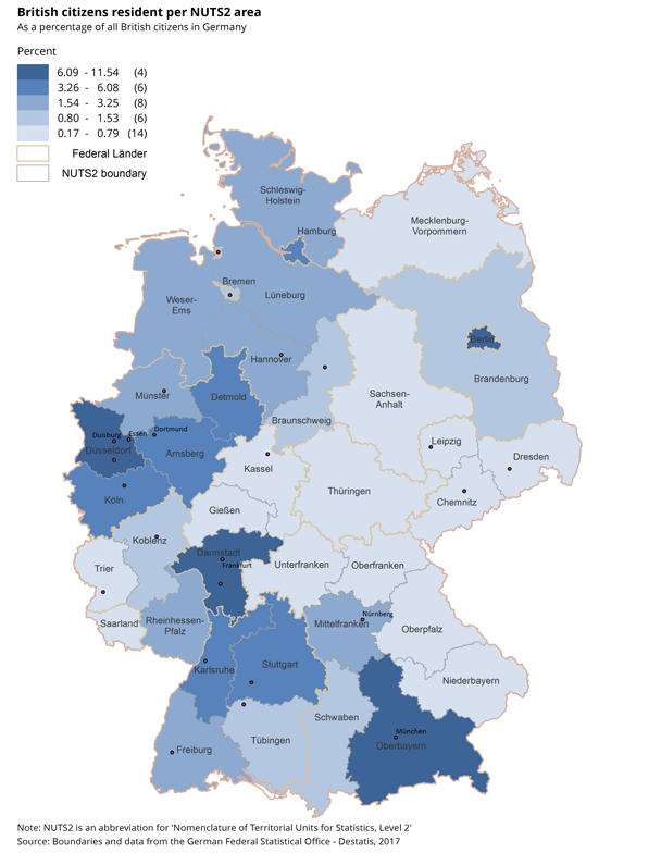 British citizens living in Germany are most often situated in Berlin, Oberbayern and Darmstadt.