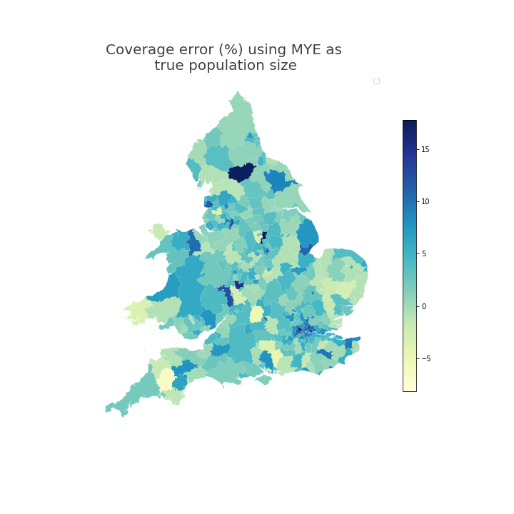 Map showing in England and Wales, local authorities in urban areas had coverage error that indicates that the coverage-adjusted Statistical Population Dataset estimates for year ending mid-2021 were greater than Census 2021-based mid-year estimates.