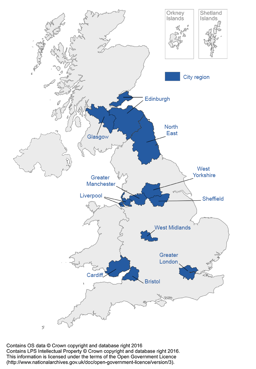 Map of UK showing the city regions in this article.