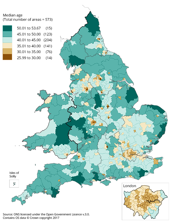 Median age of population by Westminster Parliamentary constituency for mid-2016