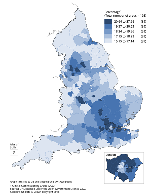 Percentage of population aged 0 to 15 years, by clinical commissioning group for mid-2017.