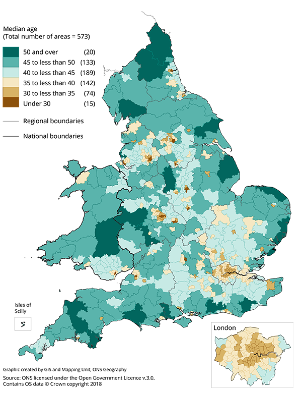 Median age of population by Westminster parliamentary constituency for mid-2017.