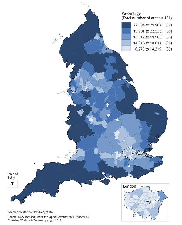 Percentage of population aged 65 or over, by CCG for mid-2018