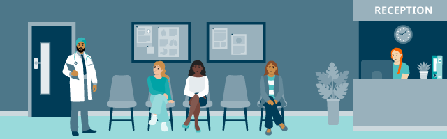 Illustration of a doctors waiting room with people sat in chairs, a doctor and a receptionist