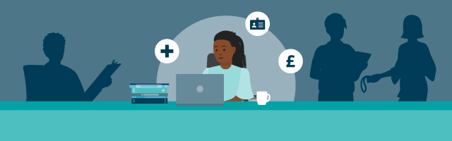 Illustration of a woman working at a laptop surrounded by the silhouettes of people