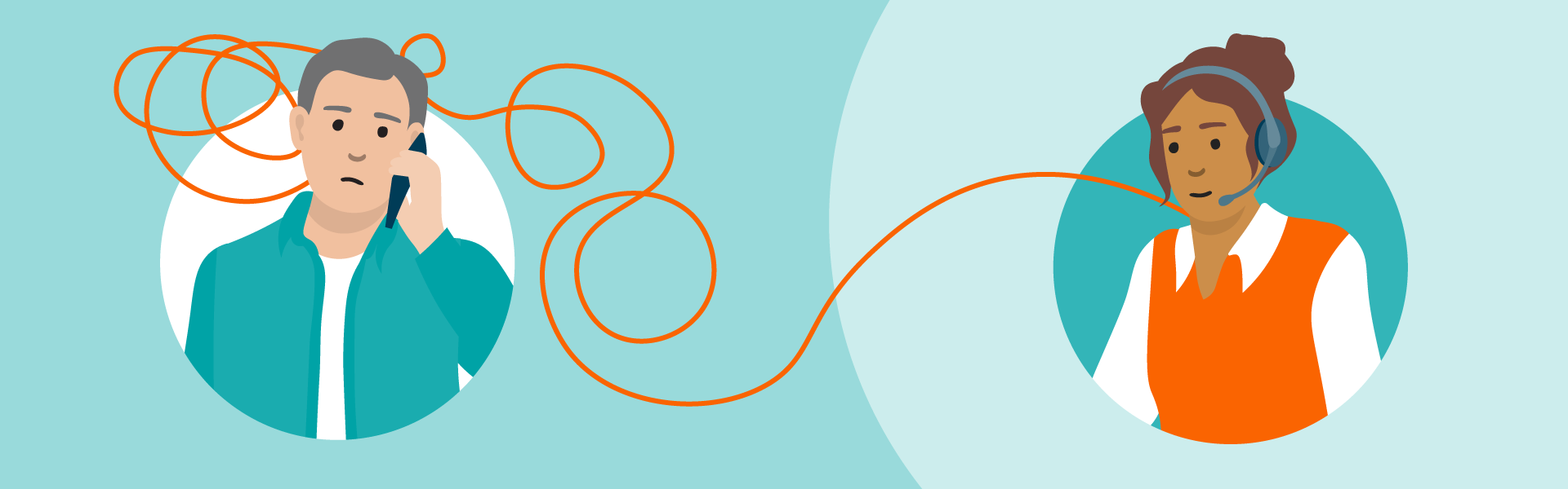 Illustration of a man calling a telephone operator connected by a twisting phone cable.