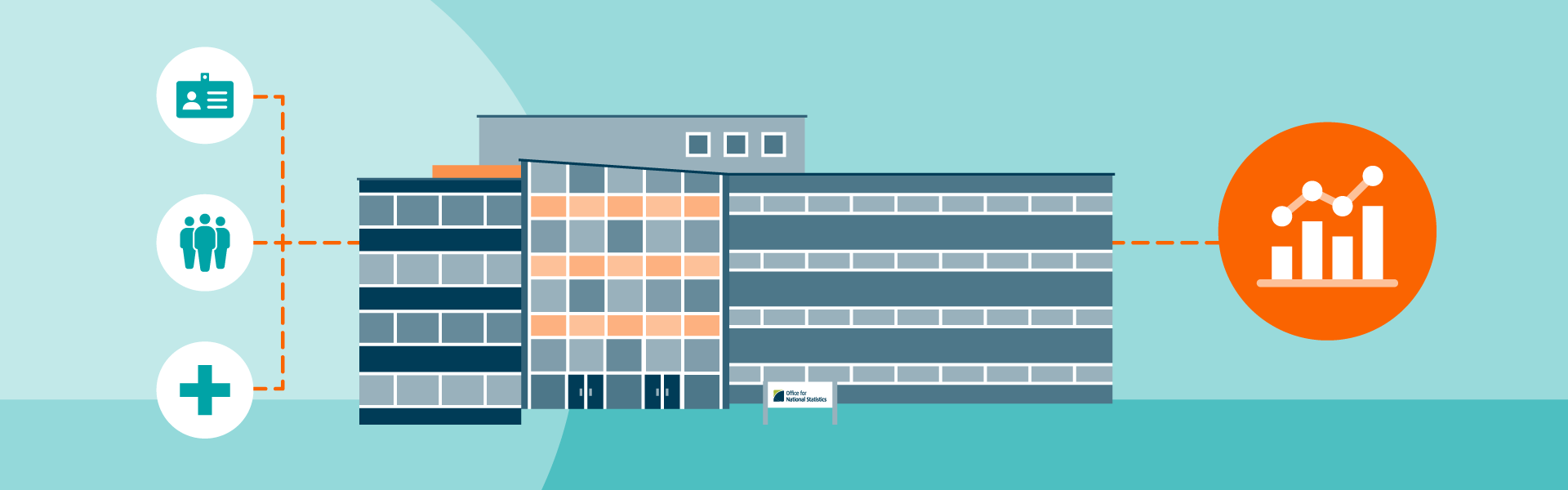 Illustration of an office building with logos for people, records, health and statistics