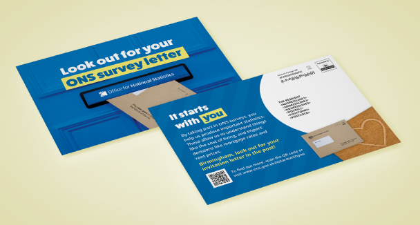 An image showing the front and back of an Office for National Statistics (ONS) postcard. The front features a blue background with an envelope being pushed through a letterbox and the text “Look out for your ONS survey letter.” The back of the postcard has a blue and white design with the heading “It starts with you,” encouraging recipients to take part in an ONS survey when they receive their invitation letter. It includes ONS branding, a QR code, and a small illustration of a brown envelope.
