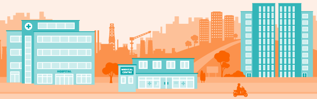 Graphic image of an urban skyline with hospital and medical center in the foreground