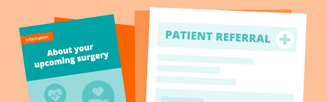Graphic image of a patient referral form and an information leaflet titled Information about your upcoming survey
