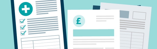 Graphic image of medical forms and financial letters