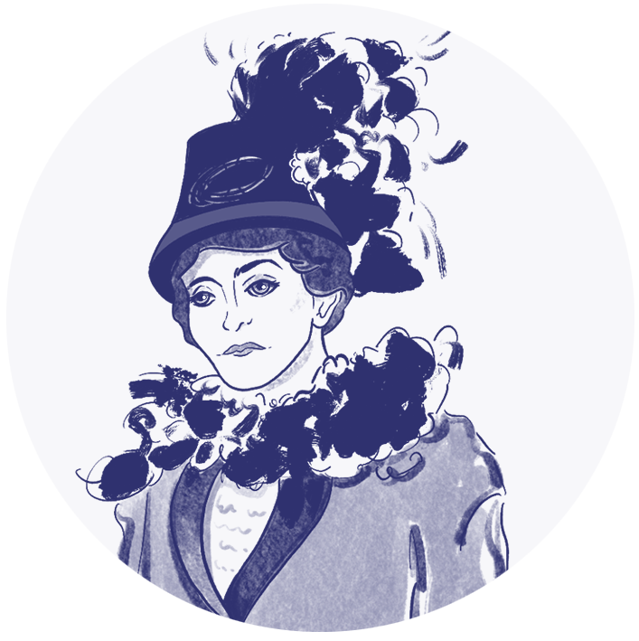 Illustrated portrait of Emily Davison, in a monotone hand drawn style, by Carlie Edge