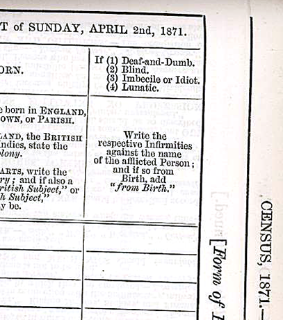 Scanned image of the 1871 census form showing the categories of imbecile or idiot and lunatic